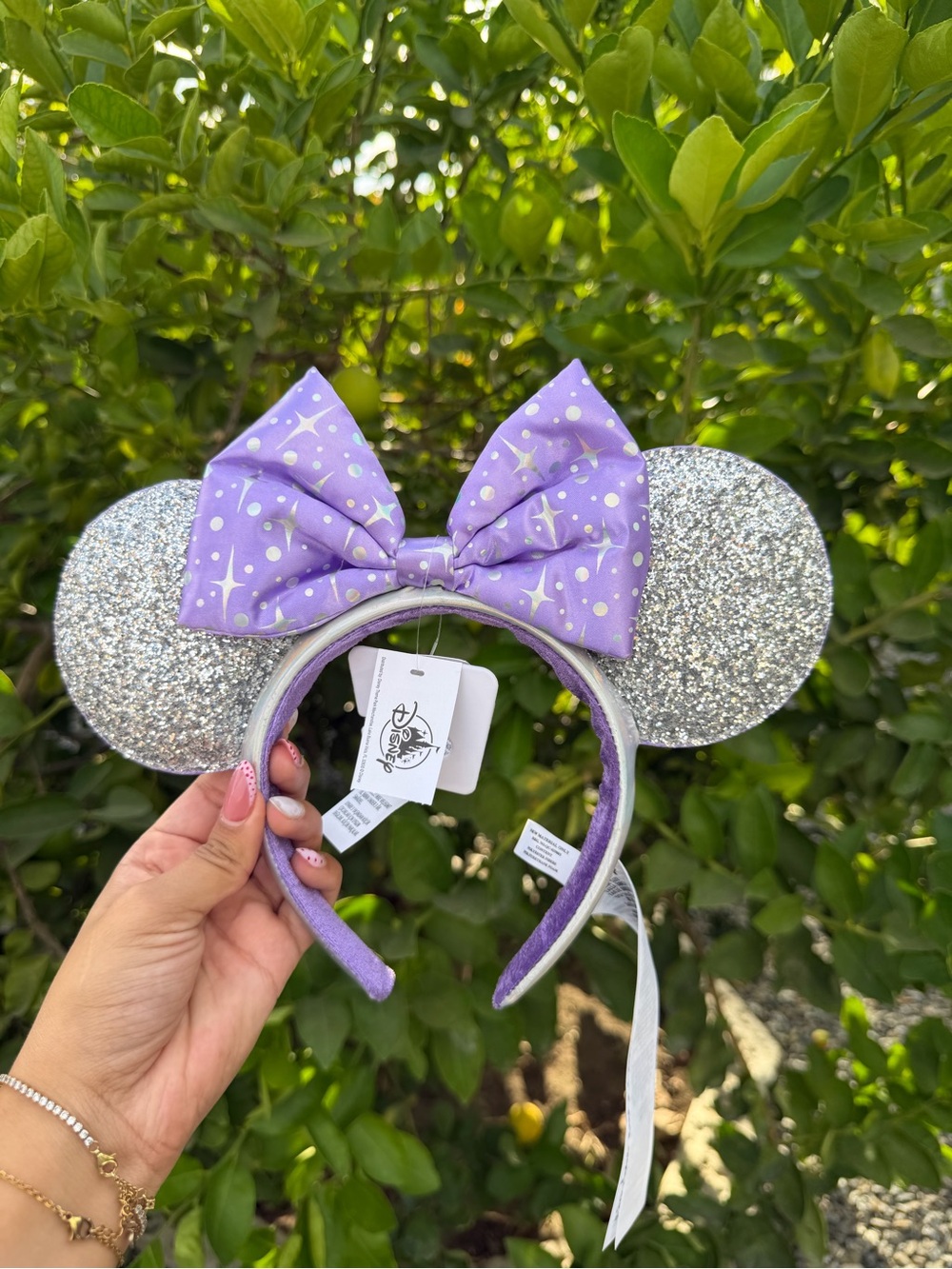 Silver Glitter Minnie Ears Headband with Lavender Bow